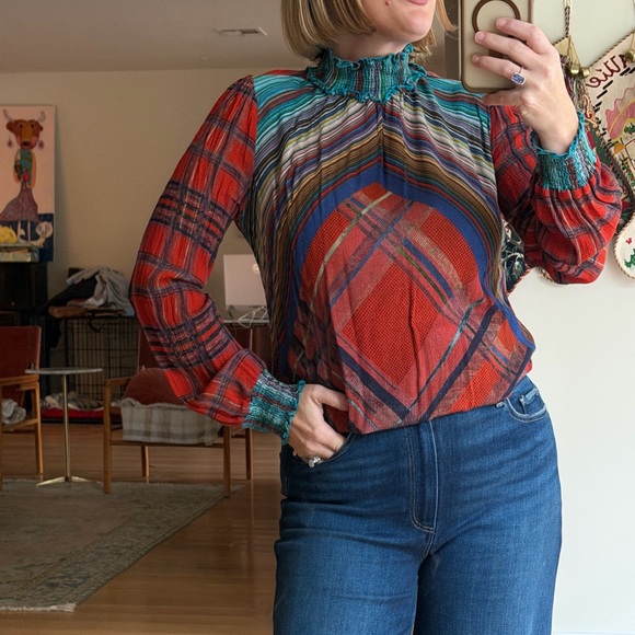 Blank London Size Small Multicolor Plaid Red Blue Mock Neck Women's Blouse Top - Picture 11 of 12